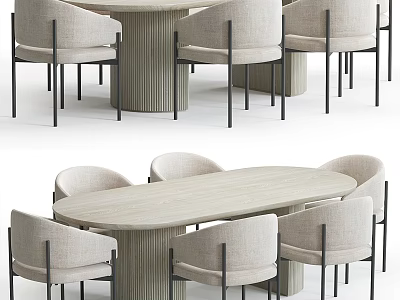 Stylish Dining Table Set With Oval Wooden Tabletop And Upholstered Metal Leg Chairs 3d model
