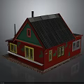 Small Red Cottage Building With Gray Roof Yellow Windows White Frames And Chimney