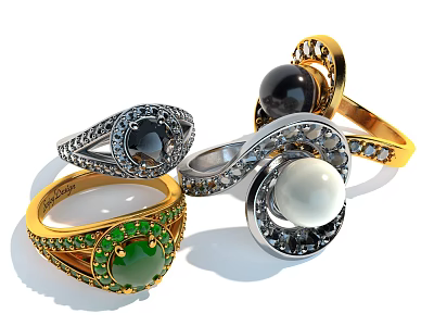 Intricate Jewelry Rings With Green Jade Black Onyx White Pearl In Gold Silver Diamond Settings 3d model
