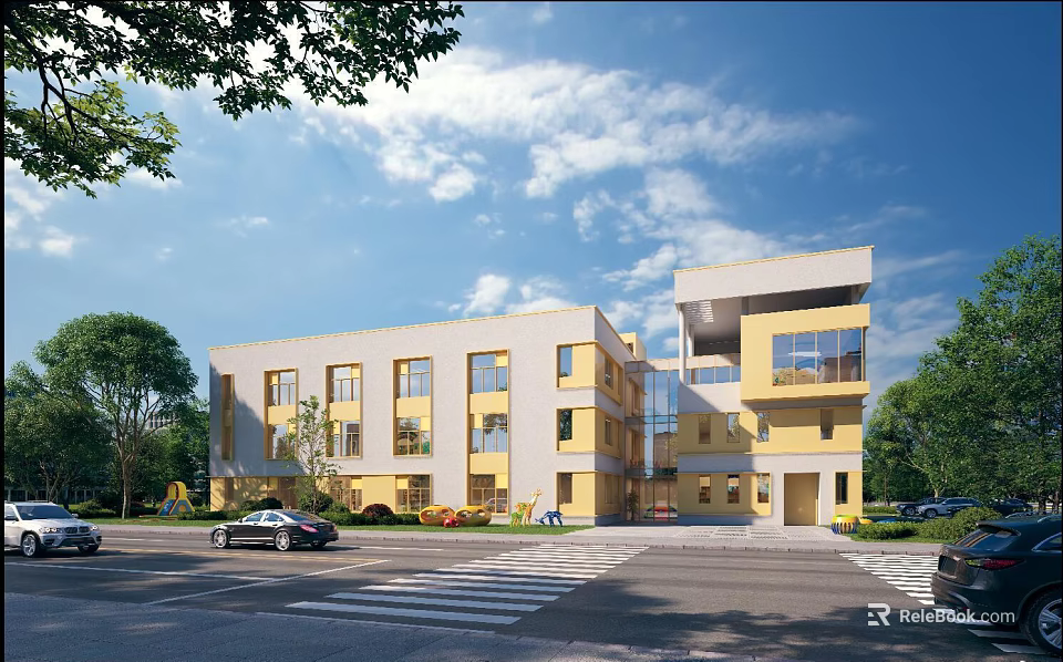 Modern Townhouse Exterior Design Featuring Yellow Facade Greenery And Road View 3d model 