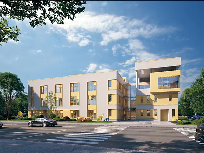 Modern Townhouse Exterior Design Featuring Yellow Facade Greenery And Road View 3d model