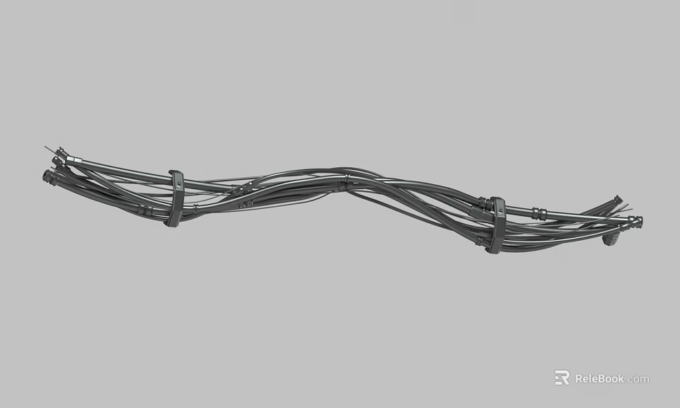 Long Twisted Metal Cables With Curved Structure Fastened By Black Straps 3d model 