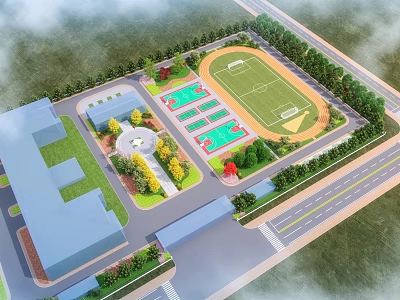 Garden Landscape Design With Football Field Track Green Spaces And Trees Around Buildings 3d model