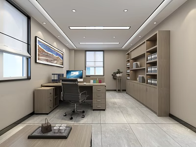 Modern Office Interior Design With Wooden Desk Computer Bookshelf And Window 3d model