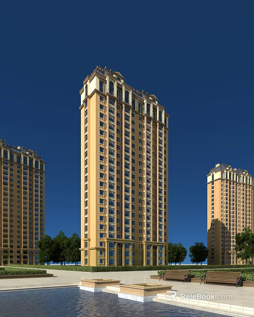 Tall Yellow Residential Building With Decorative Top Many Windows And Green Trees Under Blue Sky 3d model 