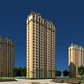 Tall Yellow Residential Building With Decorative Top Many Windows And Green Trees Under Blue Sky