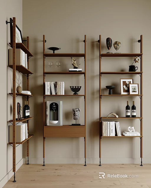 Stylish Bookcase With Books Decorative Items And Wine Bottles 3d model 