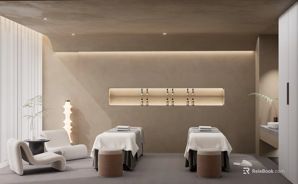 Serene SPA Sauna Wellness Room With Massage Tables Ambient Lighting And Modern Interior Design 3d model 