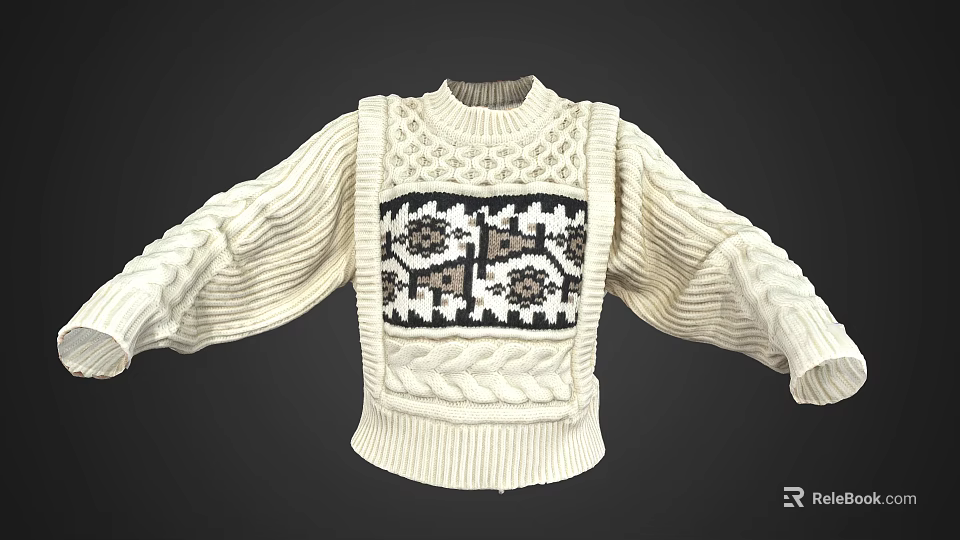 Vintage White Cable Knit Sweater With Geometric Pattern And Loose Sleeves 3d model 