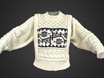 Vintage White Cable Knit Sweater With Geometric Pattern And Loose Sleeves 3d model