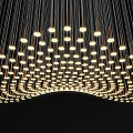 Modern Chandelier With Thin Strings Round Bulbs Curved Arrangement Warm Yellow Light