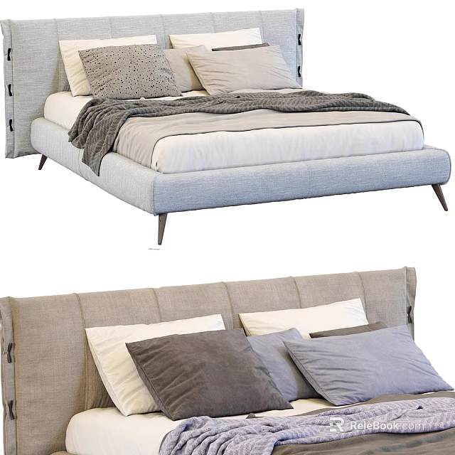 Modern Linen Upholstered Double Bed With Soft Pillows And Cozy Throw Blanket 3d model