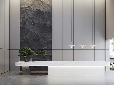 Elegant Modern Reception Area Interior With Marble Wall Green Plant And Pendant Lights 3d model