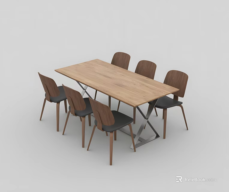 Modern Wooden Dining Table Set With Rectangular Tabletop And Six Chairs With Black Seats 3d model