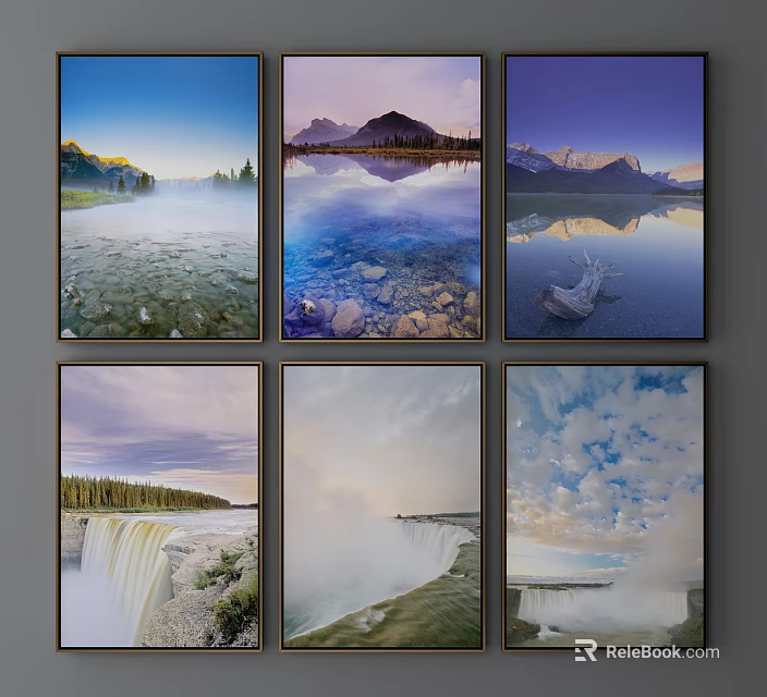 Six Nature Landscape Paintings With Mountain Lake Waterfall Sky And Reflections 3d model 