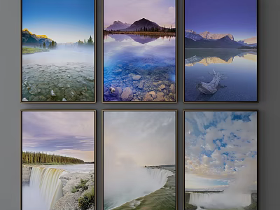 Six Nature Landscape Paintings With Mountain Lake Waterfall Sky And Reflections 3d model