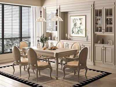 Elegant Modern Restaurant Interior With White Dining Table Chairs Chandeliers And Large Window Blinds 3d model