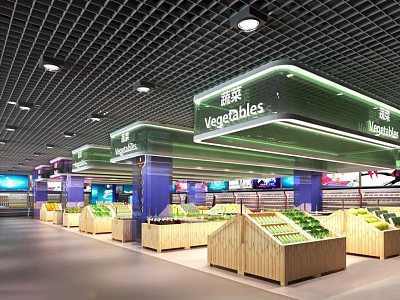 Supermarket Grocery Vegetable Section With Wooden Shelves And Fresh Produce 3d model