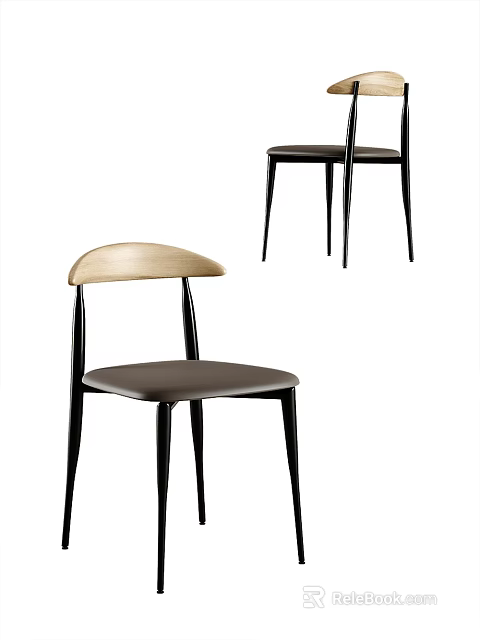 Modern Minimalist Dining Chairs With Wooden Backrest Leather Seat And Black Metal Legs 3d model 