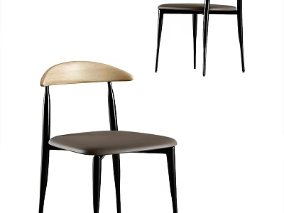 Modern Minimalist Dining Chairs With Wooden Backrest Leather Seat And Black Metal Legs 3d model