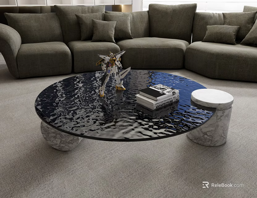 Round Coffee Table With Glass Top Marble Base And Decor In Living Room 3d model 