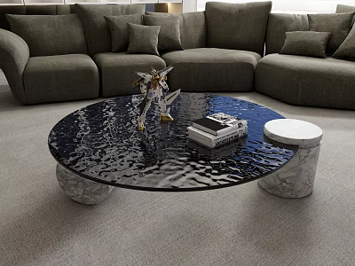 Round Coffee Table With Glass Top Marble Base And Decor In Living Room 3d model