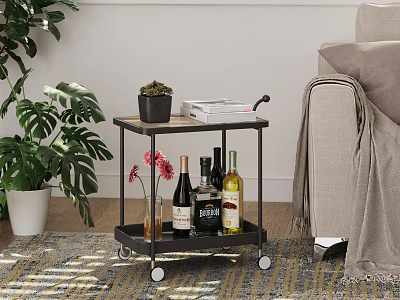 Wheeled Two Tier Side Table With Succulent Books Wine Bottles Flower Vase In Living Room 3d model