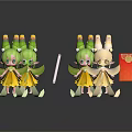 Cute Green Haired Figurines With Yellow Flower Decorations And Red Envelope