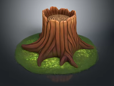 Detailed Wooden Tree Stump With Natural Growth Rings Texture And Green Grass Base 3d model