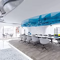 Modern Public Office Space Interior With Glass Partitions Bookshelves And Curved Ceiling