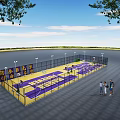 Outdoor Basketball Court With Purple And Yellow Floor Surrounding Fencing And Pole Lights