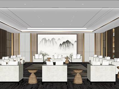 Hotel Public Lounge Area With Modern Chinese White Sofas Coffee Tables And Mountain Landscape Painting 3d model