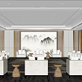 Hotel Public Lounge Area With Modern Chinese White Sofas Coffee Tables And Mountain Landscape Painting