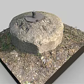 Round Stone Mill Structure On Square Base With Dirt And Weeds Around 3d model