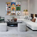 Modern Living Room Interior Design With White Sofa Green Armchair TV Wall And Artwork