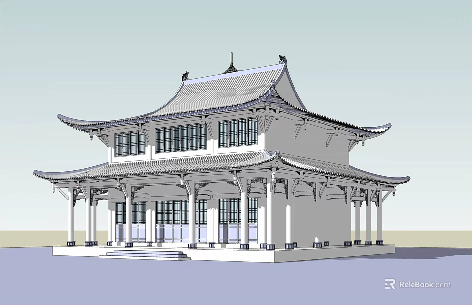 Ancient Chinese Architecture With Two Story Structure Tiled Roof And Overhanging Eaves 3d model 