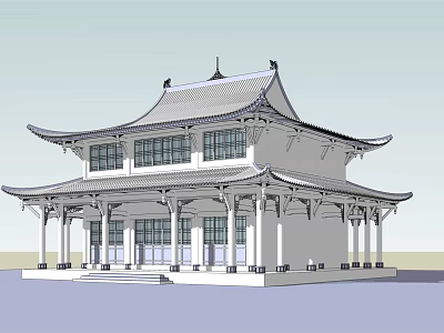 Ancient Chinese Architecture With Two Story Structure Tiled Roof And Overhanging Eaves 3d model