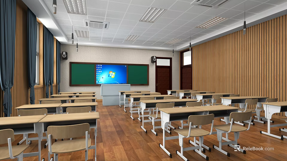 School Classroom Interior With Blackboards Digital Screen Student Desks And Wooden Flooring 3d model 