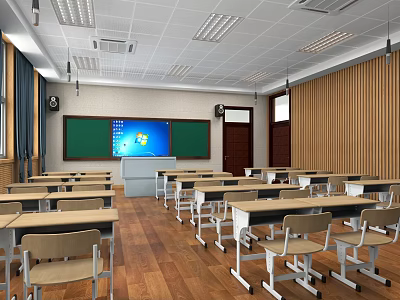 School Classroom Interior With Blackboards Digital Screen Student Desks And Wooden Flooring 3d model