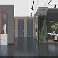 Modern Elegant Entrance Hall With Gray Walls Glass Partitions Cactus Sculpture And Metal Elements