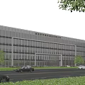Modern Office Building With Glass Curtain Wall Trees And Cars On Road Under Blue Sky