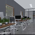Modern Office Interior With Gray Walls Calligraphy Painting Wooden Table White Chairs And Green Plants