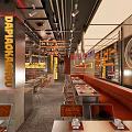 Industrial Style Restaurant Interior With Metal Pipes Neon Signs And Metal Tables Chairs