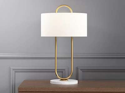 Modern Table Lamp With White Lampshade And Golden Frame On Wooden Table Against Gray Wall 3d model