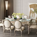 Elegant Dining Table Set With Beige Chairs Flower Vases Tableware Floor Lamp And Art Painting