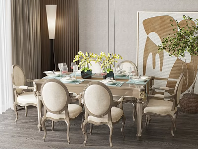 Elegant Dining Table Set With Beige Chairs Flower Vases Tableware Floor Lamp And Art Painting 3d model