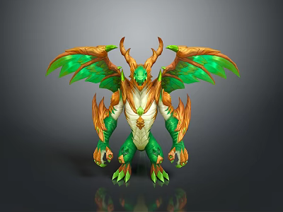 Fantasy Character Design Of Mythical Dragon Creature With Green Orange Wings And Horns 3d model