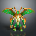 Fantasy Character Design Of Mythical Dragon Creature With Green Orange Wings And Horns