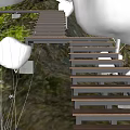 Natural Garden Landscape With Wooden Steps Deck Lush Greenery Trees And Flowers