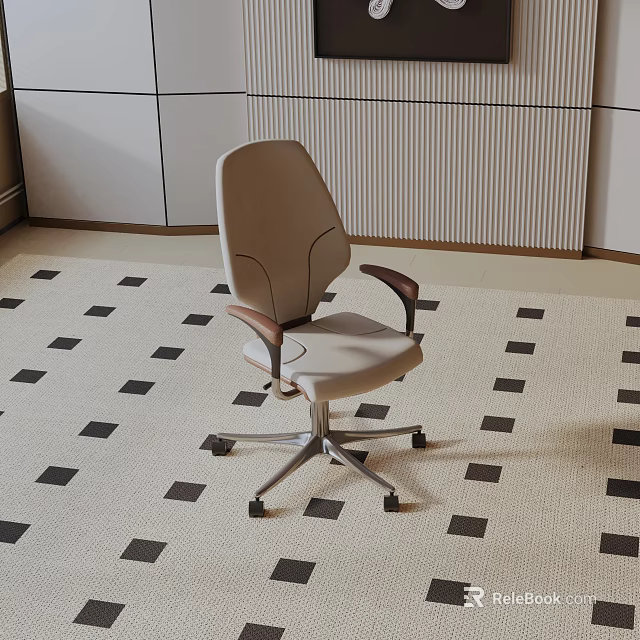 Beige Leisure Chair With Wooden Armrests Metal Wheel Base And Modern Patterned Carpet Design 3d model 